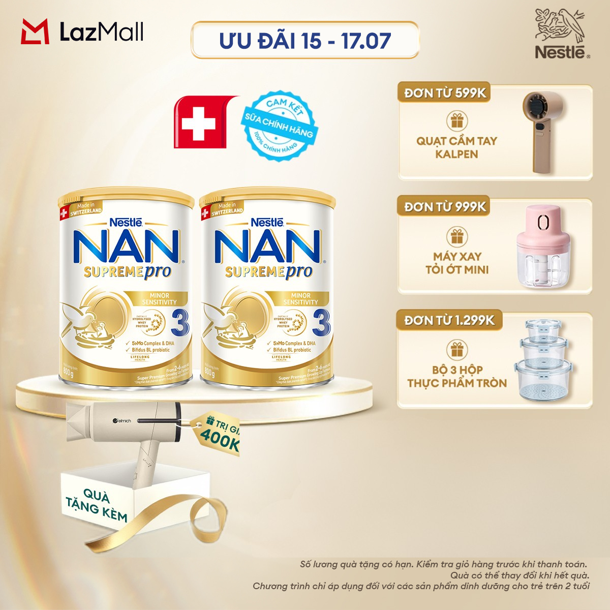 [CHỈ 15-17.07 QT ĐƠN 599K/999K/1299K][Tặng máy sấy tóc] Combo 2 lon Sữa Bột Nestlé NAN SUPREMEPRO 3 800g Nhập Khẩu Đức Cho Bé 2 - 6 Tuổi Chứa Đạm Whey Thủy Phân 1 Phần, 5-HMOs    Lợi khuẩn BIFIDUS BL