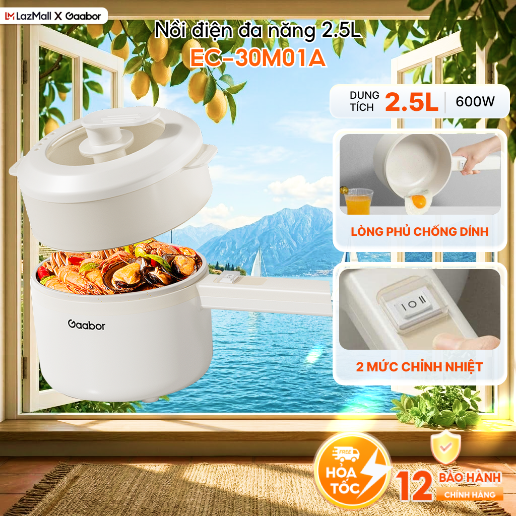Gaabor nồi điện đa năng 2.5 lít công suất 600W 2 tầng nấu hấp tiện lợi - EC-30M01A - Bảo hành 12 tháng 1 đổi 1