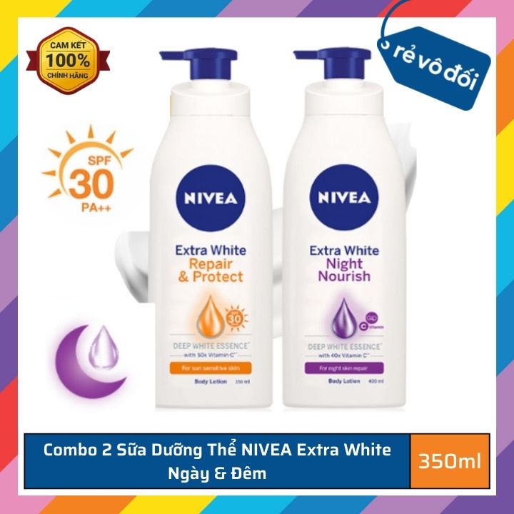 Bộ 2 sữa dưỡng thể NIVEA Extra White ngày và đêm dưỡng ẩm trắng da phục hồi chống nắng - Thái Lan