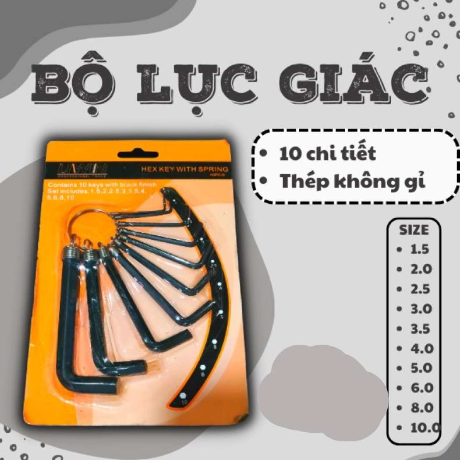 Bộ khoá lục giác 10 cây thép không gỉ