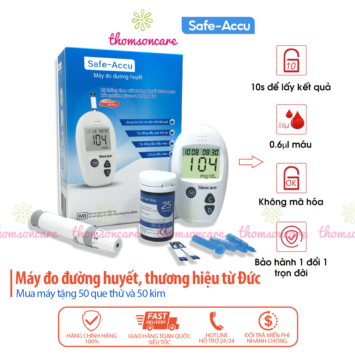 Máy đo đường huyết Safe-Accu đo tiểu đường, phát hiện tiểu đường bảo hành 1 đổi 1 trọn đời