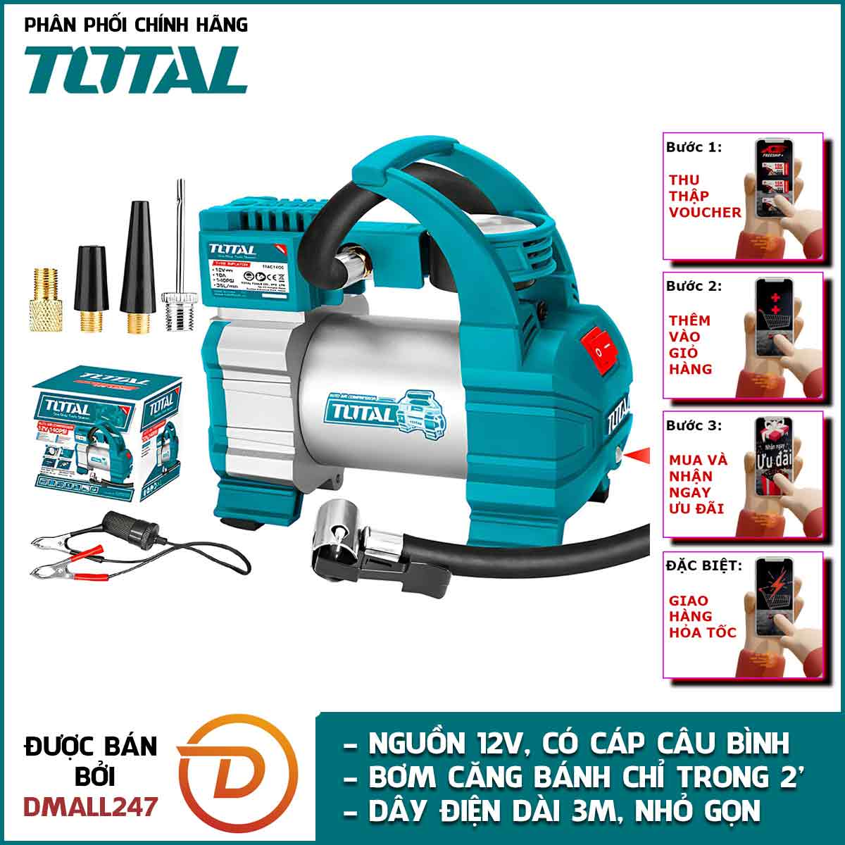 Máy bơm lốp, bánh xe đa năng nguồn 12v có cáp nối bình TOTAL TTAC1406 - Dây dài 3m, có đèn Led, Áp suất đến 140 PSI - Dmall247
