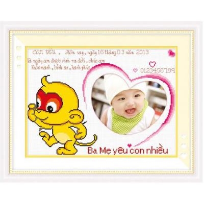 tranh thêu khung hình cho bé 12 con giáp con khỉ 38x50cm - 222708