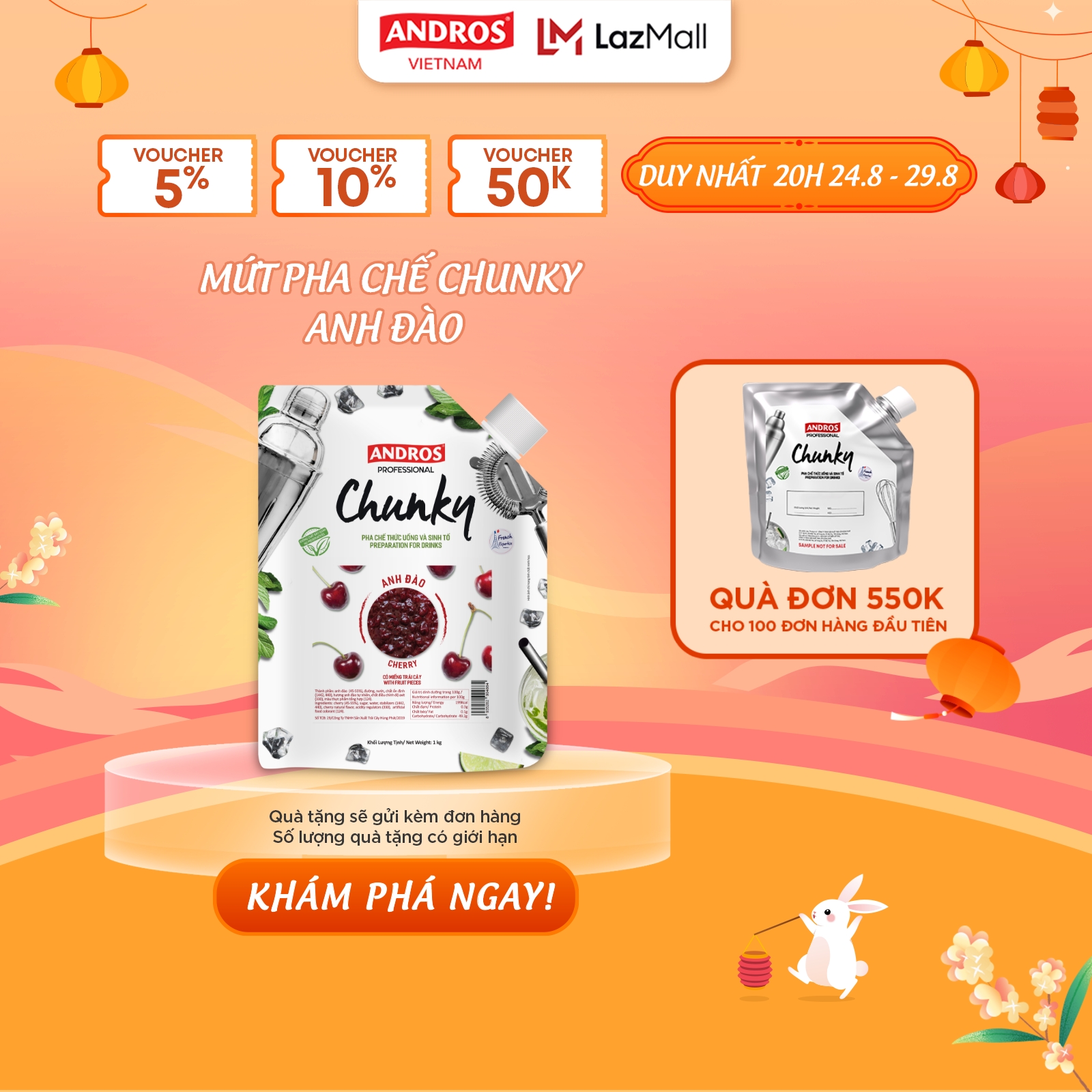 Mứt Trái Cây Pha Chế Anh Đào - Có miếng trái cây thật - Nguyên liệu pha chế - ANDROS CHUNKY - 1kg