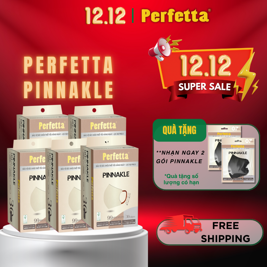   Tặng 2 Gói Pinnakle  - Combo 5 Hộp Khẩu Trang Cao Cấp Perfetta Pinnakle Lọc Bụi Mịn PM 2.5 Chuẩn From 5D  30 cái hộp  