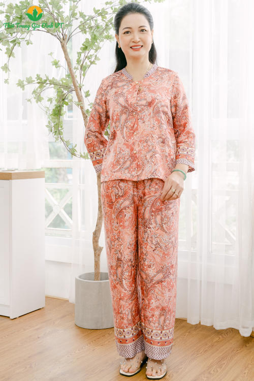 Bộ đồ pijama trung niên thu đông Việt Thắng, quần dài, áo dài tay, chất Lụa - B50.2109