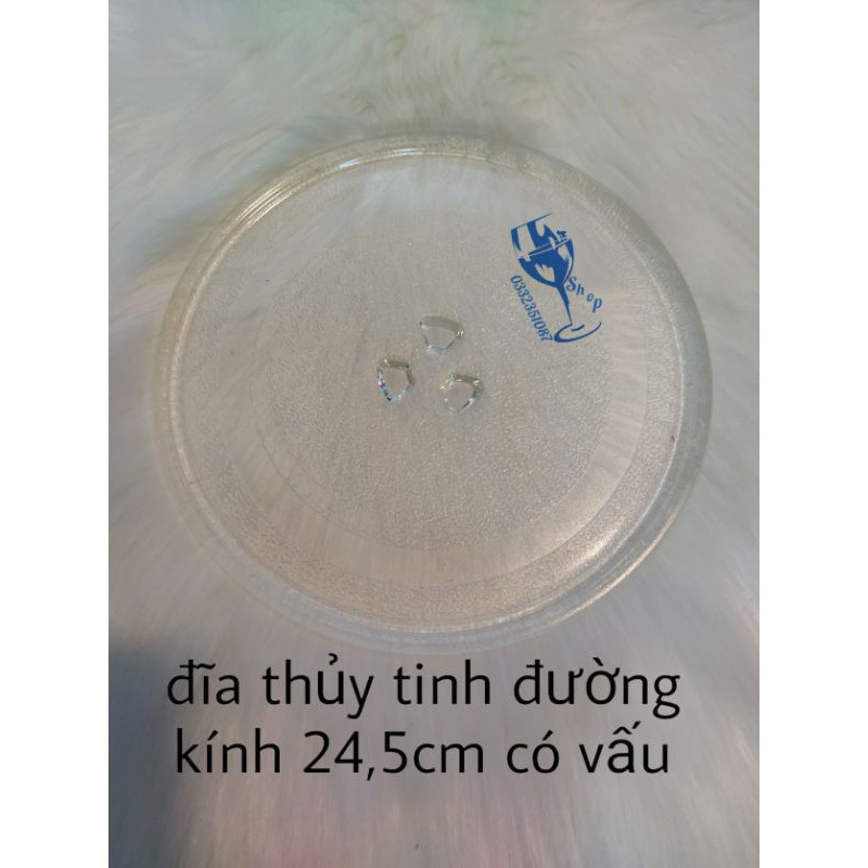 Đĩa thủy tinh đường kính 24,5cm có vấu, đĩa thủy tinh chịu nhiệt trong lò vi sóng