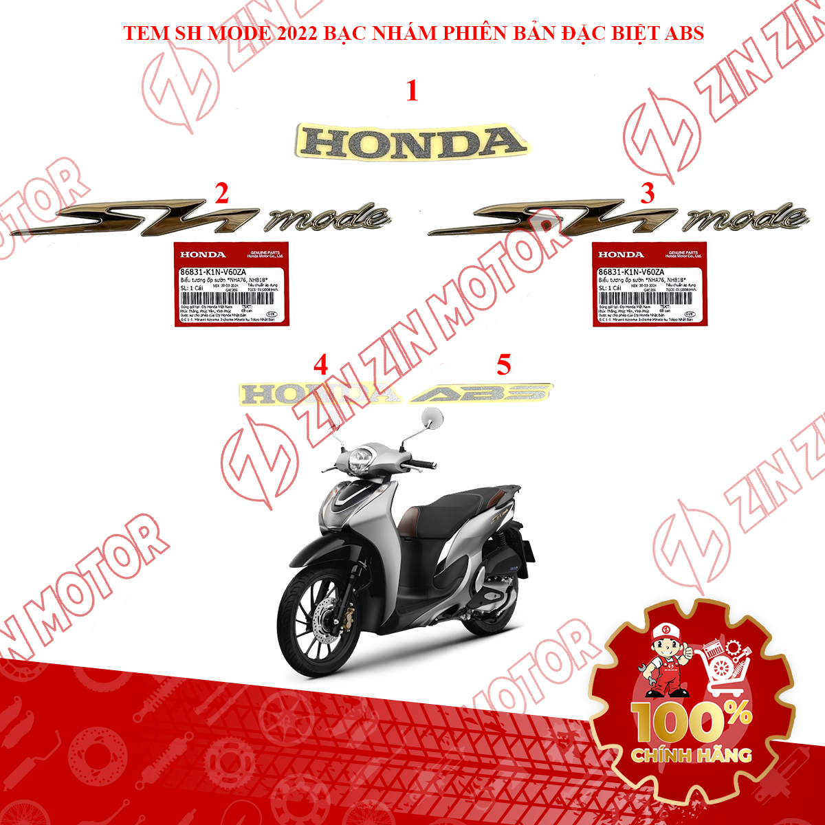 Tem Rời SH Mode 2022 Bạc Đen ( Bạc Nhám ) Phiên Bản Đặc Biệt ABS 86101-K1N-V00ZA, 86831-K1N-V60ZA Chính Hãng - ZZM