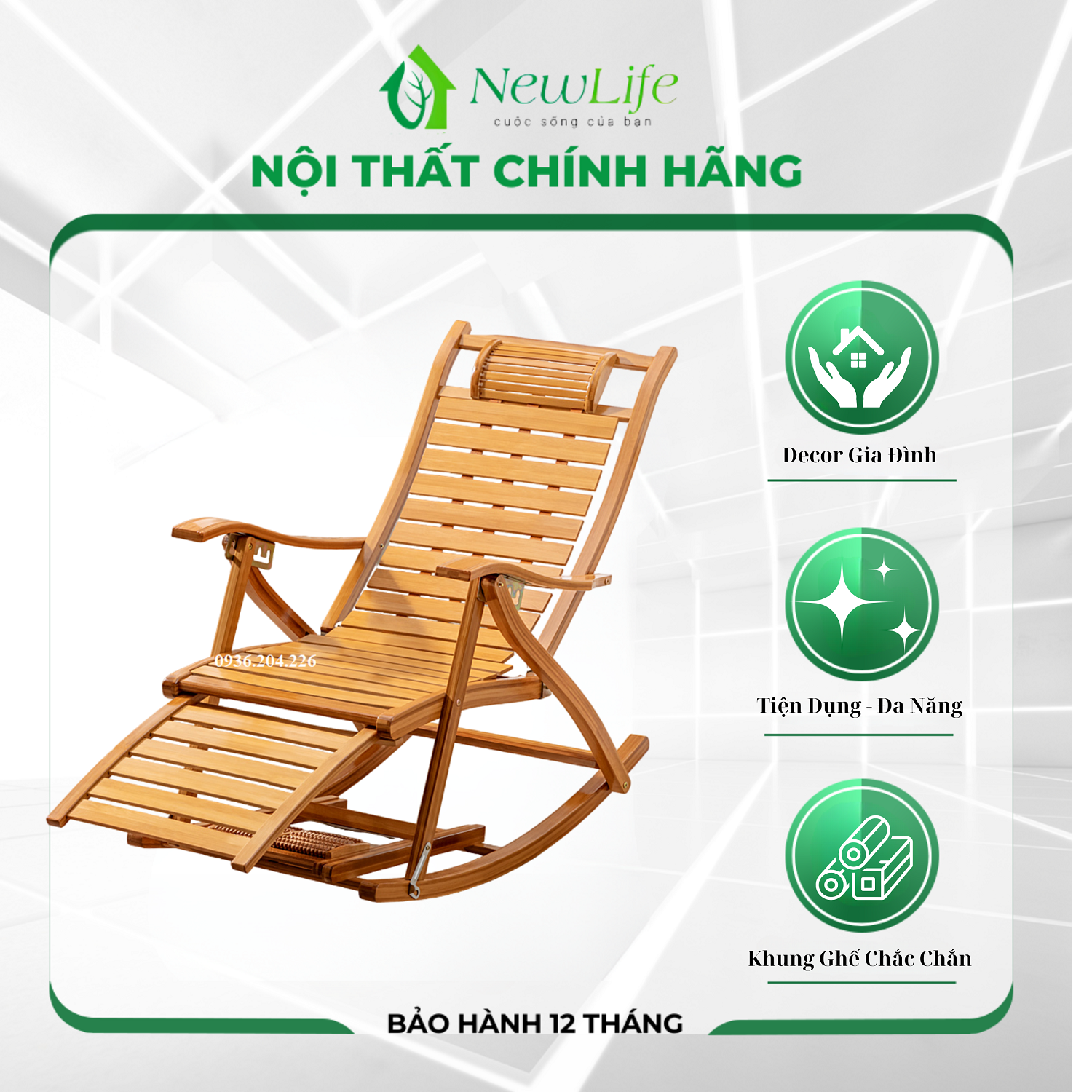 Ghế bập bênh thư giãn có mát xa chân - Ghế thư giãn chất liệu gỗ tre bền đẹp