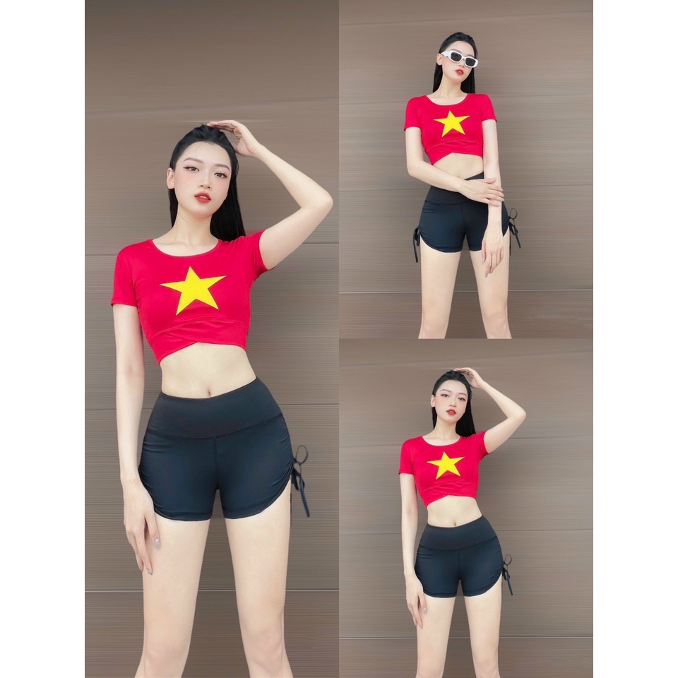 Áo croptop cờ đỏ sao vàng áo tập gym yoga nữ sao vàng cạp chéo