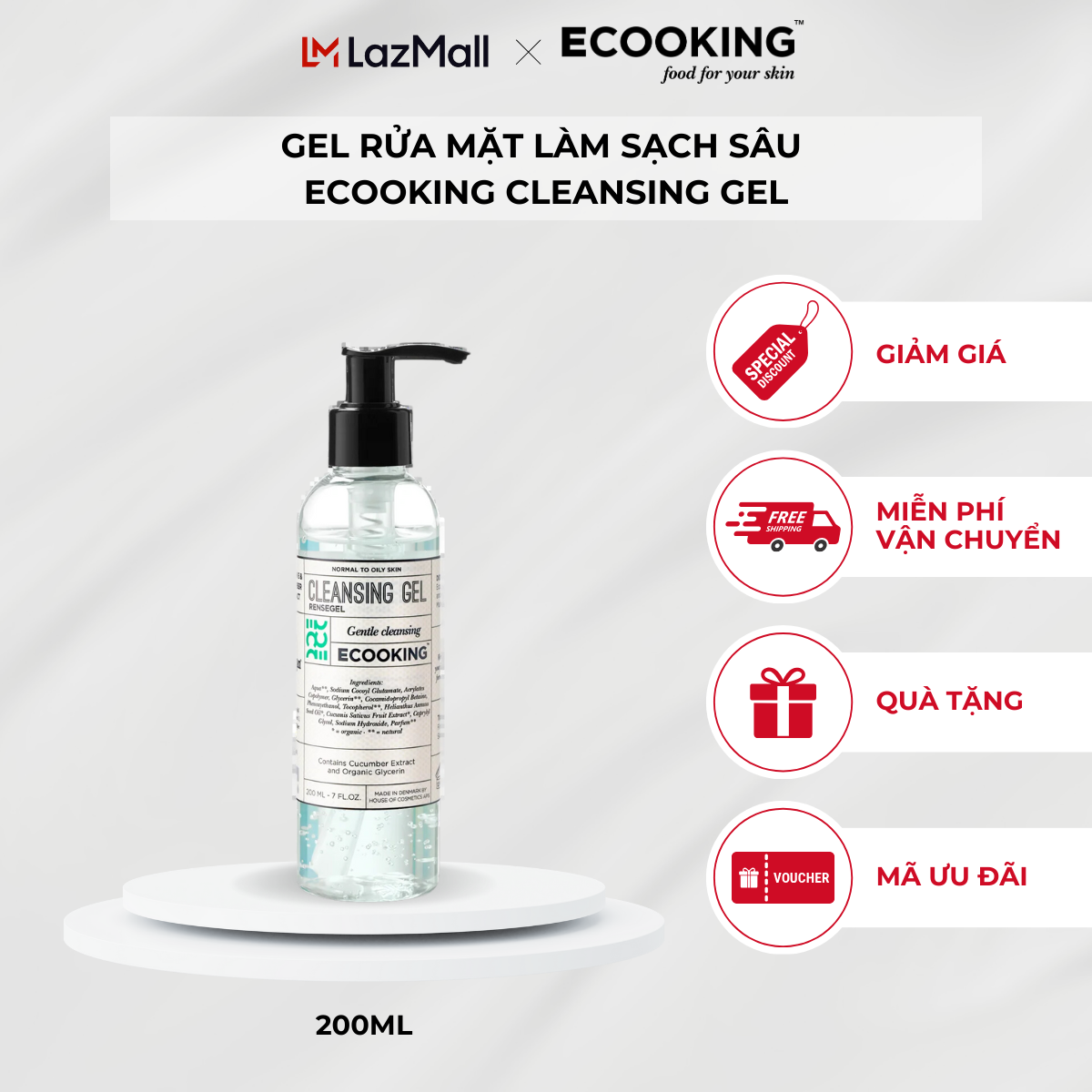 Gel rửa mặt làm sạch sâu Ecooking Cleansing Gel 200ml nuôi dưỡng và giữ ẩm cho da rất hiệu quả cho da thường và da dầu