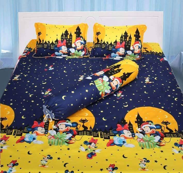 Bộ ga gối đẹp chất cotton poly Hàn Quốc cho trẻ em giá rẻ: 1 Ga chun bọc + 2 vỏ gối họa tiết MICKEY SAO ĐÊM