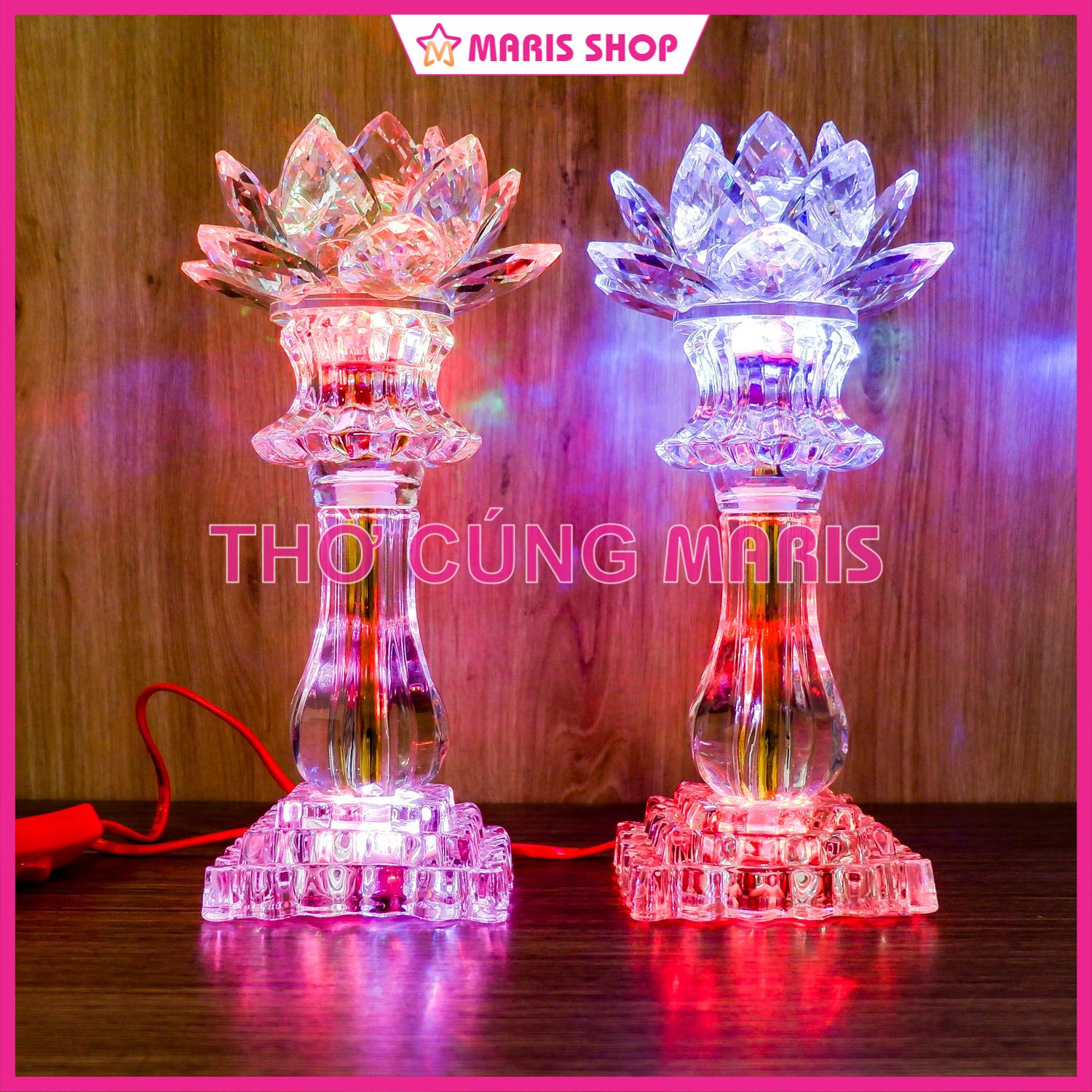 Đèn Thờ Sen Pha Lê Nguyên Khối Tự Động Đổi Màu Cao 26cm Sử Dụng Bóng LED Tiết Kiệm Điện Dễ Thay Thế PL34