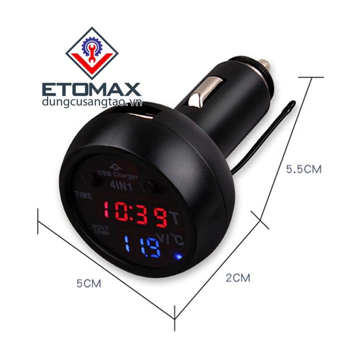 Tẩu sạc điện thoại kiêm đồng hồ đo điện áp, nhiệt độ 3in1