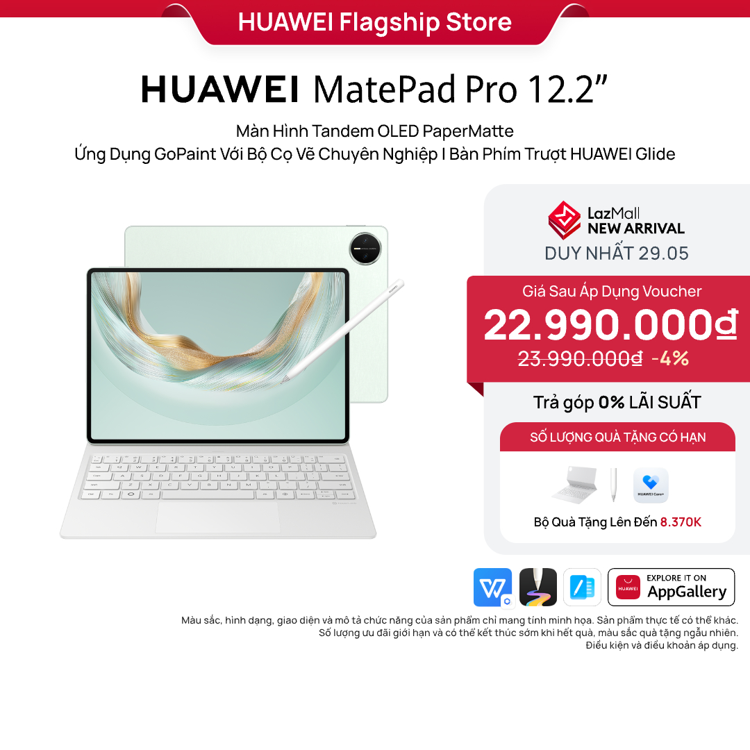 [DUY NHẤT 29.5] Máy tính bảng HUAWEI Matepad Pro 12.2" 2025 | Màn Hình Tandem OLED PaperMatte | Ứng Dụng GoPaint Với Bộ Cọ Vẽ Chuyên Nghiệp | Bàn Phím Trượt HUAWEI Glide