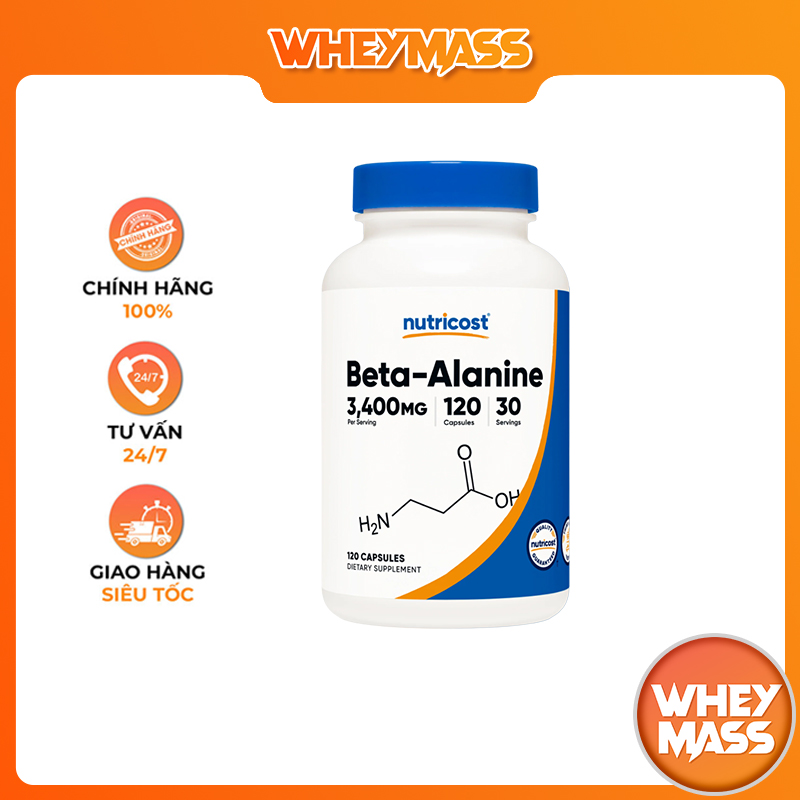 Nutricost beta - alanine 3400mg 120 viên nhộng hỗ trợ tăng cường sức bền và hiệu suất luyện tập
