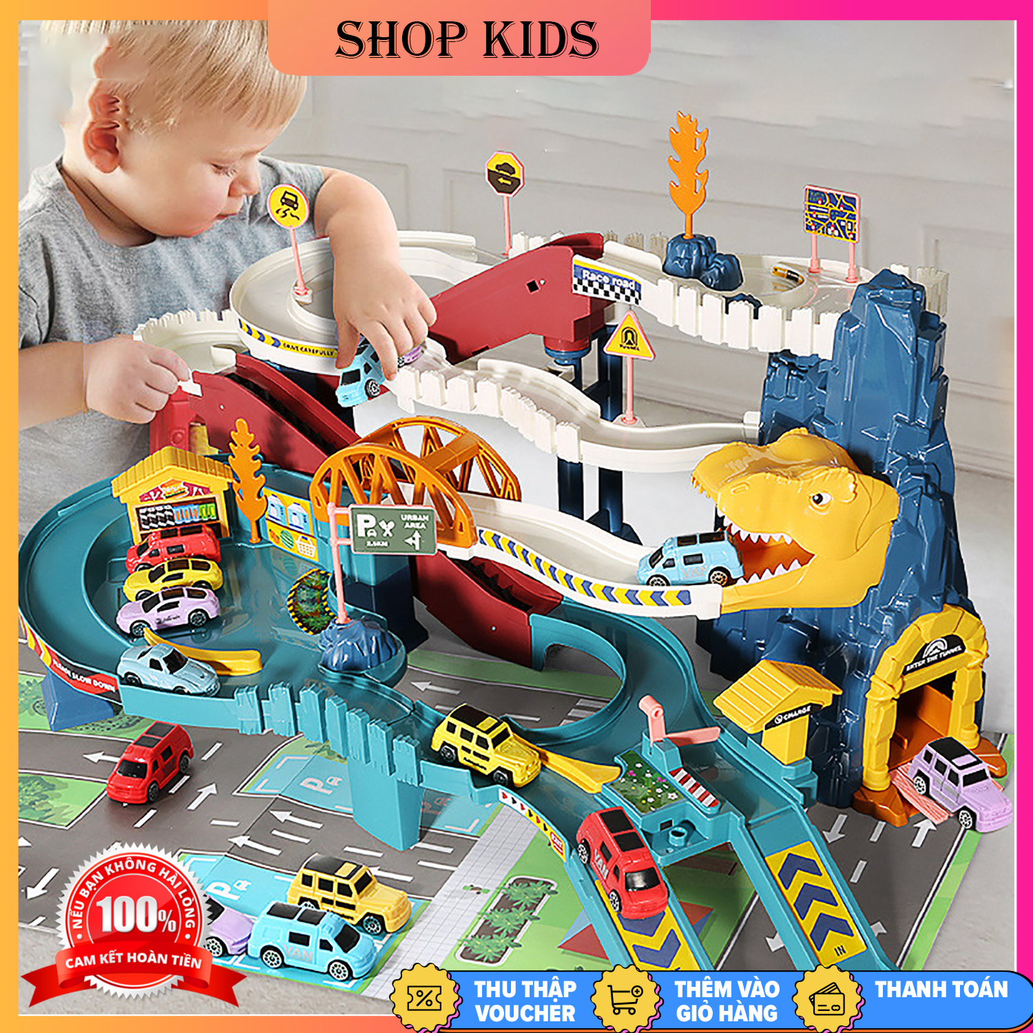 Bộ đồ chơi đường đua khủng long siêu tốc kết hợp garage đỗ xe ô tô 5 tầng kích thước lớn cho bé