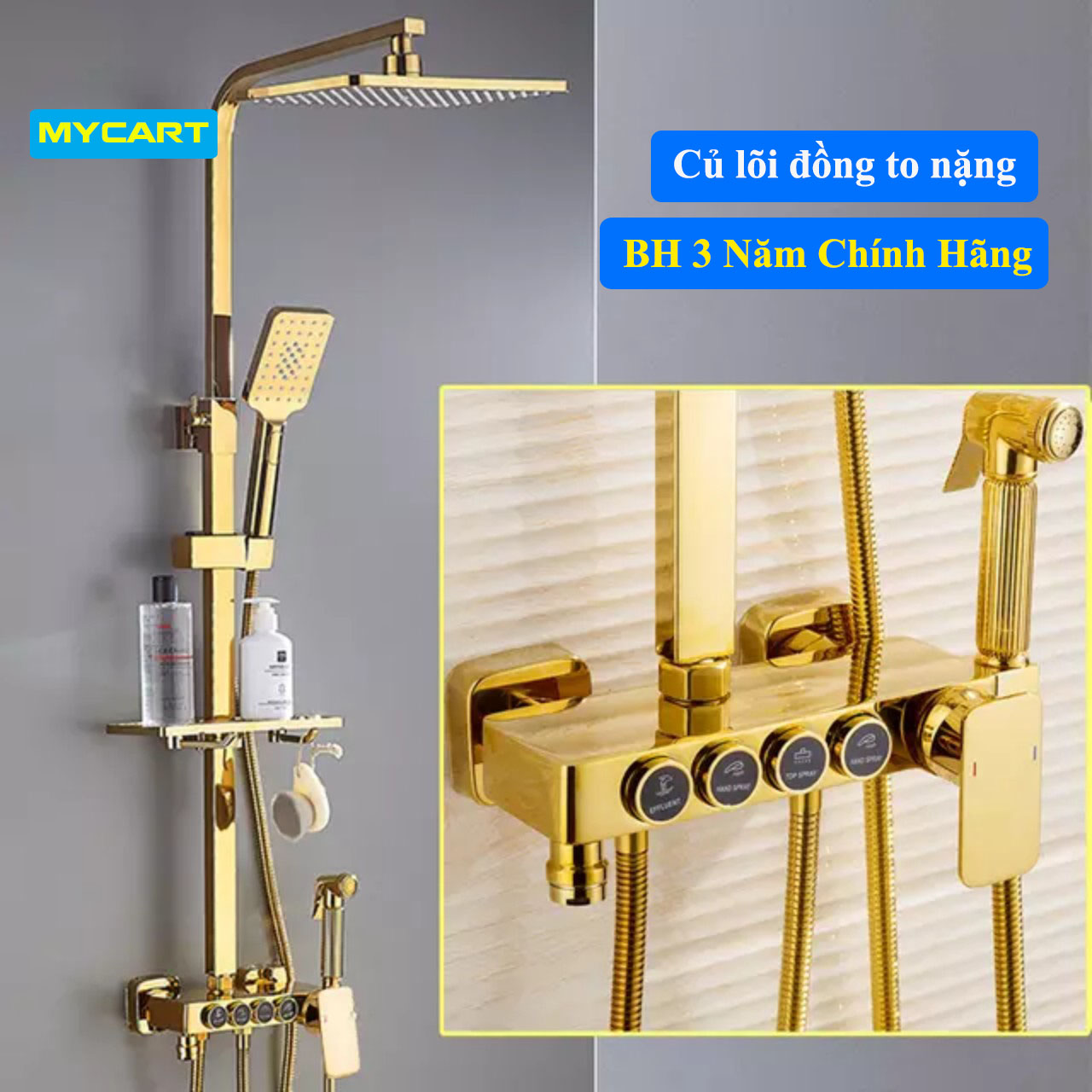 Bộ sen cây tắm đứng, vòi hoa sen, sen vòi tắm 4 phím bấm Vàng đồng Sang trọng