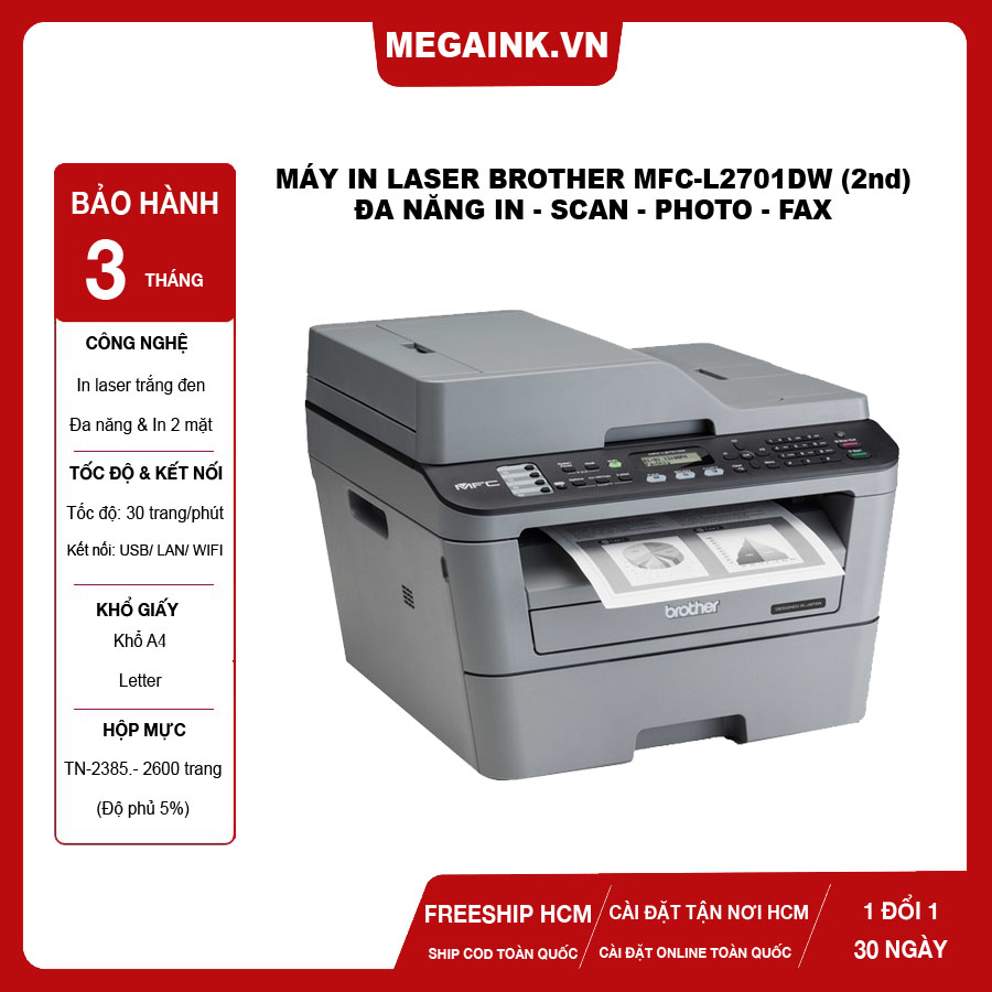 ▧❆❃ [HCM][Trả góp 0 ]Máy in laser trắng đen BROTHER MFC-L2701DW Đa chức năng in scan photo fax đáp ứng nhu cầu làm việc