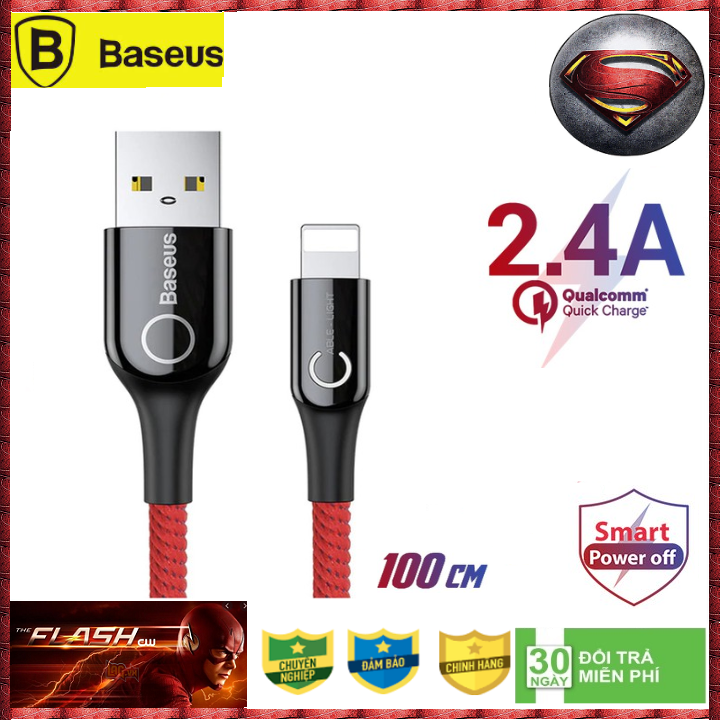 Cáp sạc nhanh Baseus tự ngắt thông minh Lightning - Chuẩn sạc nhanh QC3.0 bện dù siêu bền Dài 1M