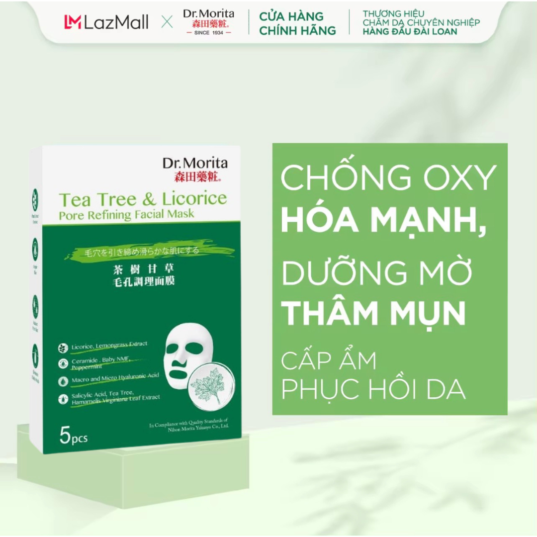 Hộp 5 Miếng Mặt Nạ Dr. Morita Tea Tree & Licorice Pore Refining Facial Mask 30g/m