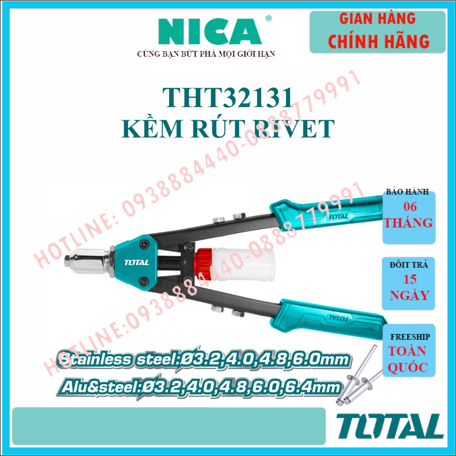 Kìm rút rivet TOTAL THT32131 Kềm rút đinh tán size 13, chất liệu tay cầm thép + nhôm, dùng rút rivet thép, gỡ bỏ đinh