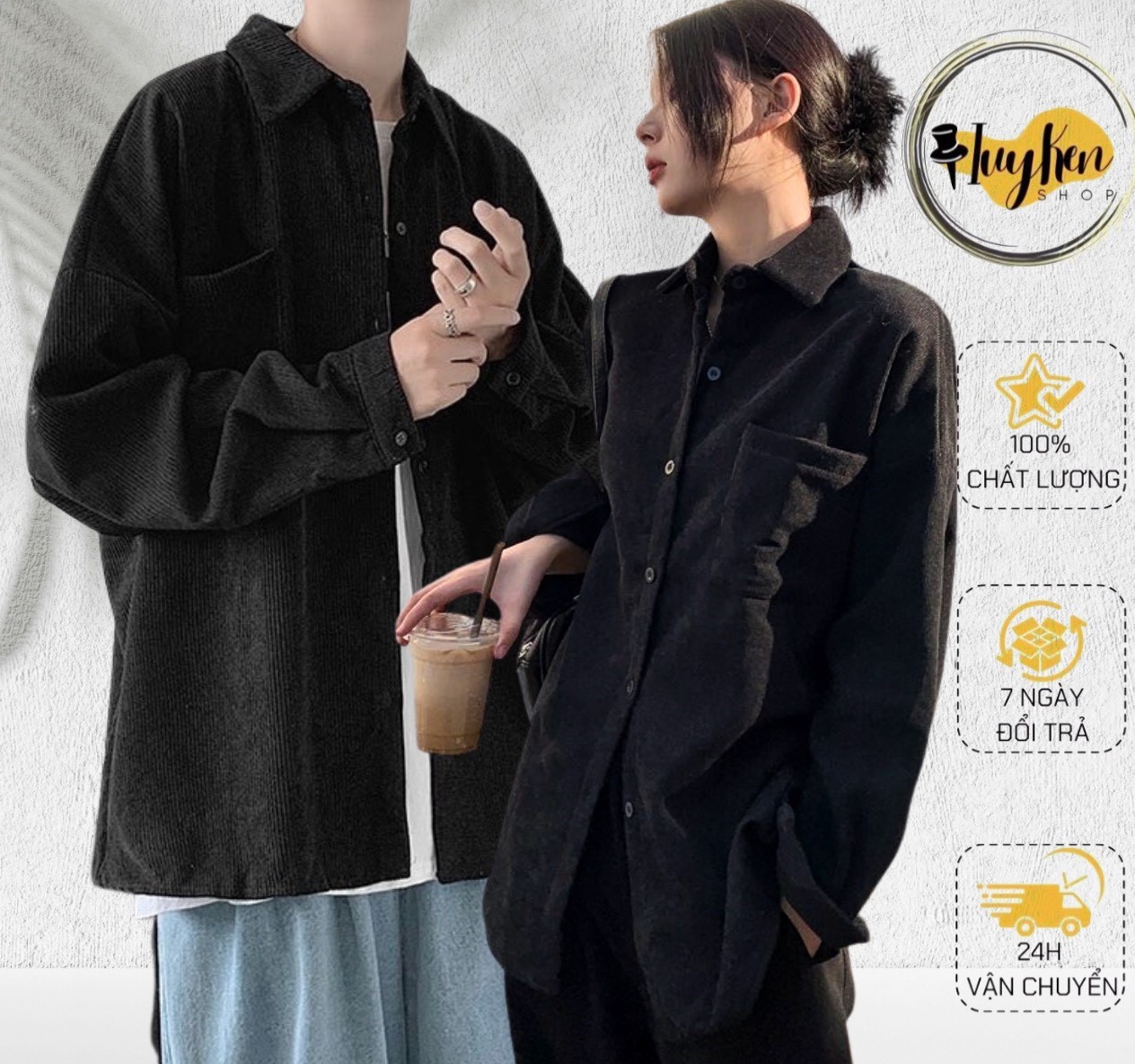 Áo sơ mi nam nữ tay dài nhung tăm tay phòng kiểu dáng Basic phong cách Hàn