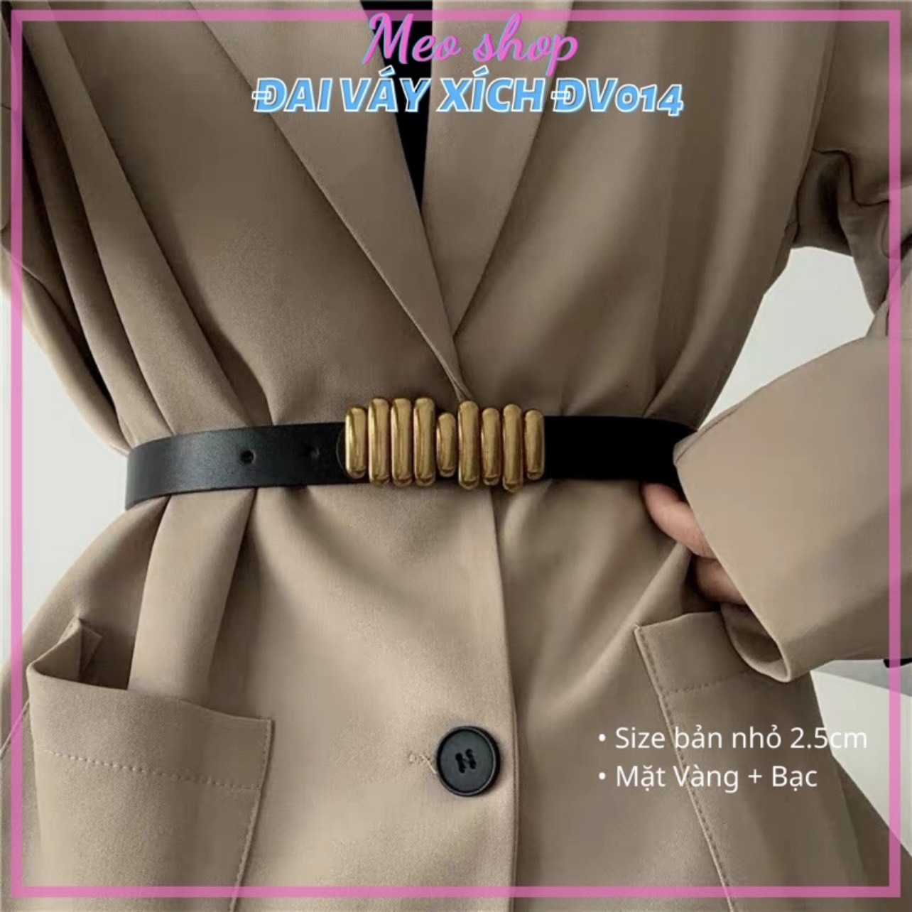 Đai váy nữ bản nhỏ ĐV013 Meo shop da đẹp mặt vàng bạc kiểu Nốt Nhạc - Thắt lưng váy đầm áo sơ mi bản nhỏ