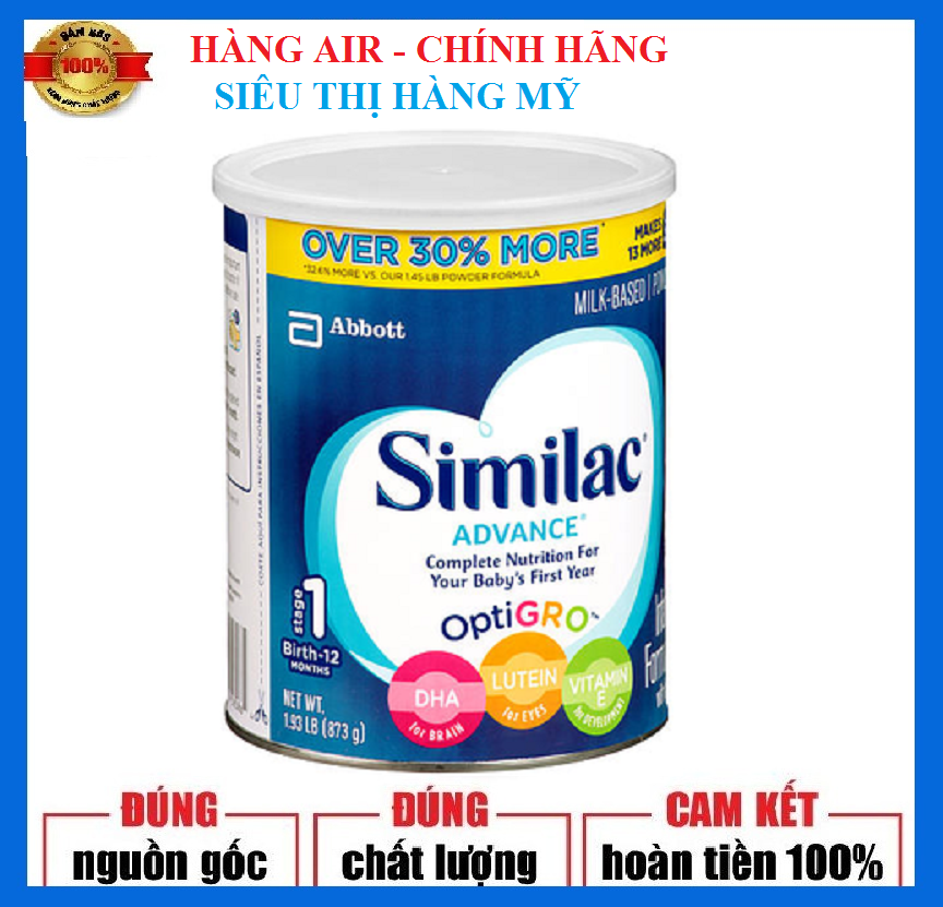 [ Hàng air, có bill ] Sữa bột Similac Advance Optigro 873g Bé 0 đến 12 tháng của Mỹ