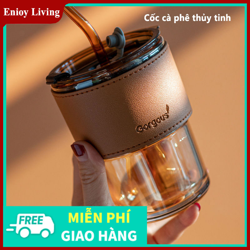 Cốc thủy tinh 400ml bọc da cao cấp tặng kèm ống hút, cốc uống nước thủy tinh kèm ống hút, cốc thủy tinh có nắp và ống hút cute, ly thủy tinh có ống hút