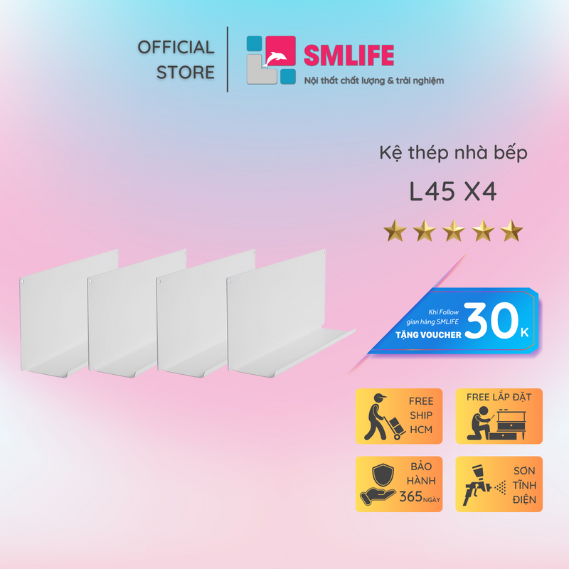 Kệ nhà bếp chữ L 45 - Kệ treo tường bằng thép dày 1,6mm, sơn tĩnh điện hiện đại - Tặng kèm bộ ốc vít và đầu bịt ốc