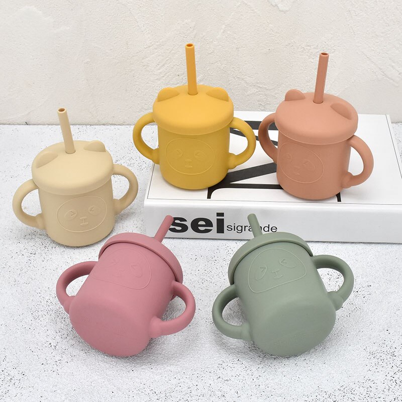 Cốc tập hút silicon cho bé tập uống KidAndMom 2in1 kèm ống hút thay thế hình gấu dễ thương