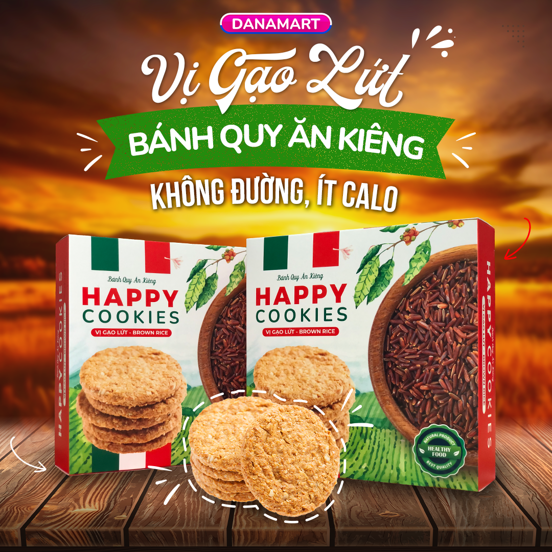 Bánh ăn kiêng gạo lứt happy cookie bánh quy ít calo cho người giảm cân tiểu đường