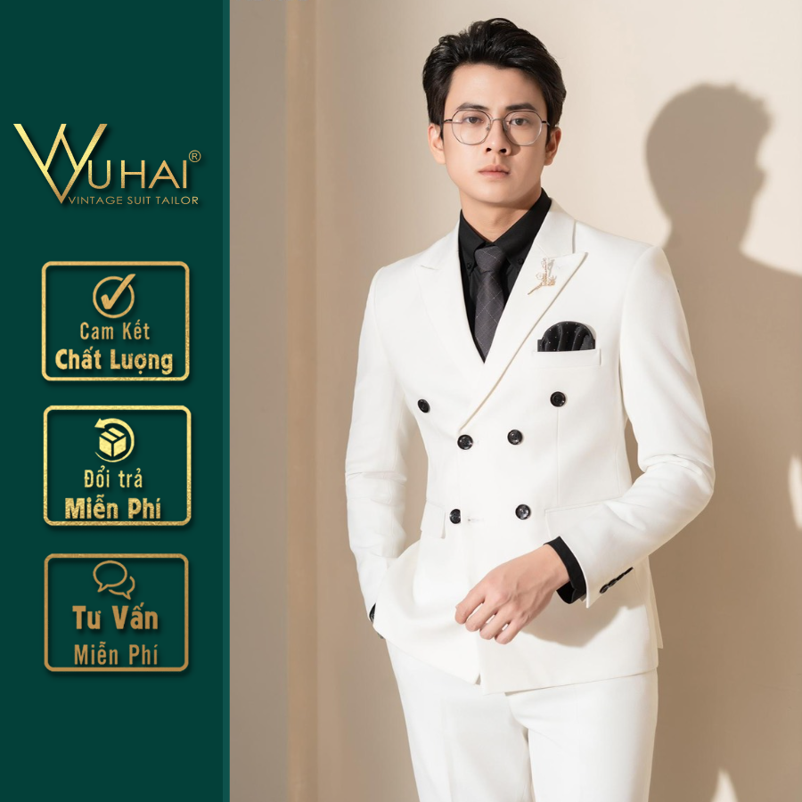 Vest nam hàn quốc 6 cúc màu đen, áo blazer nam trắng 2 lớp dày dặn