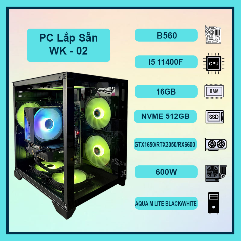 Máy tính pc wk-02 | i5 11400f | 16gb ram | vga gtx 1650 / rtx 3050 / rx 6600 mới bh 36t