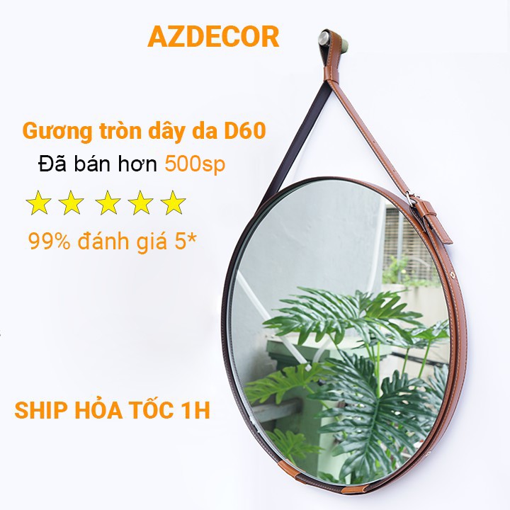 Gương tròn, gương treo tường dây da simili cao cấp - đường kính 60cm