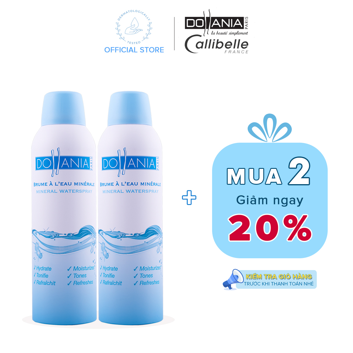 Bộ 2 Xịt khoáng Dollania dưỡng ẩm cấp nước và làm dịu làn da Brumisateur Eau Minerale 150ml