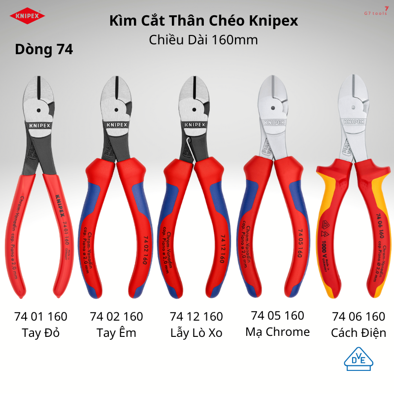 Kìm cắt thân chéo high leverage diagonal knipex 74 01 160/ 74 02 160/ 74 12 160/ 74 05 160/ 74 06 160 chiều dài 160mm lưỡi cắt 64hrc