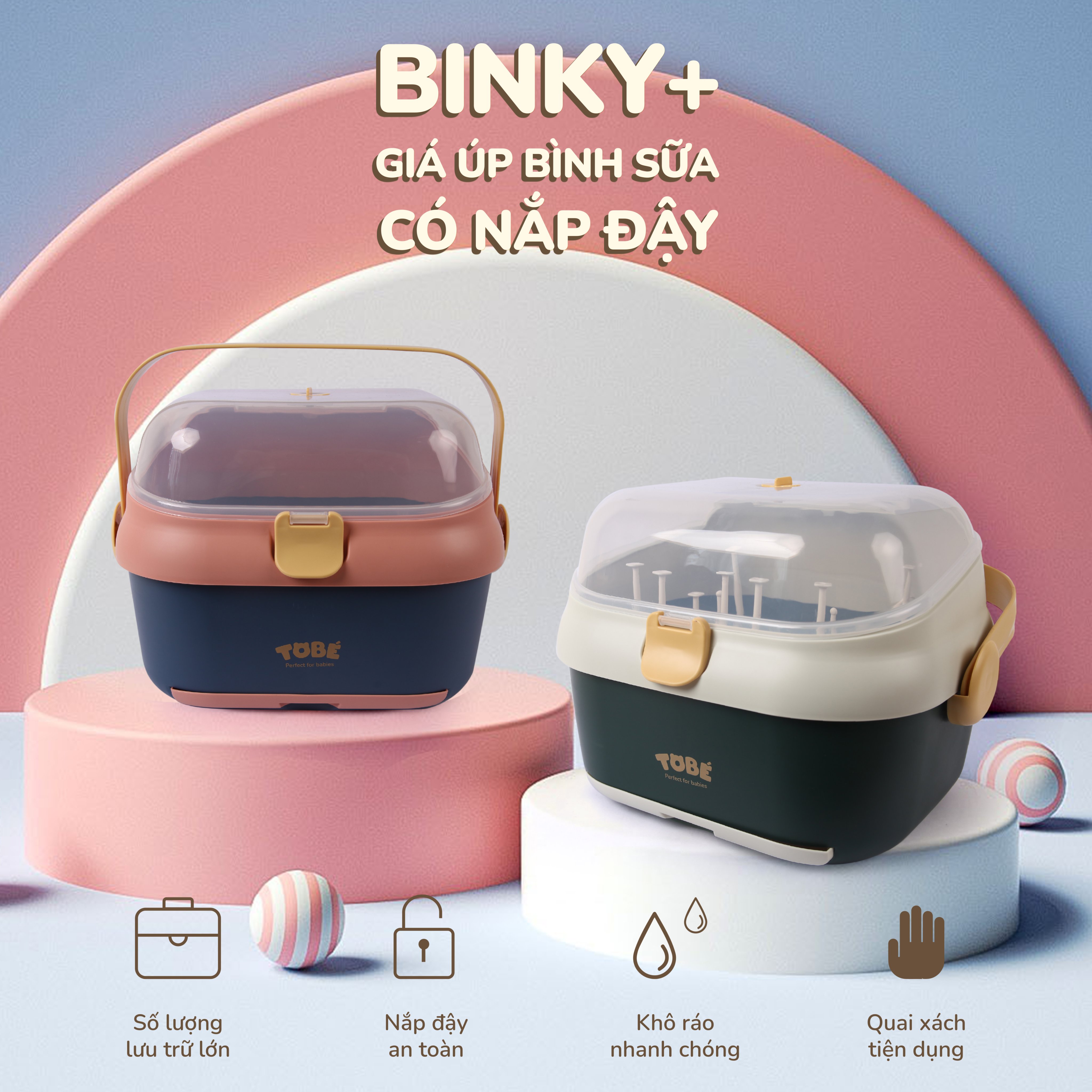Giá úp bình sữa có nắp đậy Binky Plus an toàn cho bé (Tặng kèm sticker siêu cute)