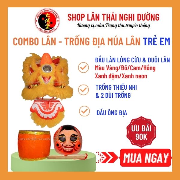 Combo đầu lân cho bé Thái Nghi Đường, đầu lân mini, trống múa lân, đầu địa, phù hợp làm đồ chơi trẻ em, đồ chơi cho bé gái, đồ chơi cho bé trai, chất liệu nhẹ cho trẻ cầm tay múa lân