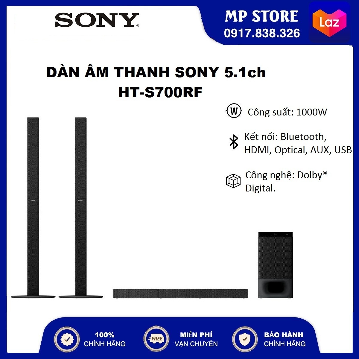 [Trả góp 0% - FREESHIP] Dàn âm thanh sound bar Sony 5.1 HT-S700RF (1000W)