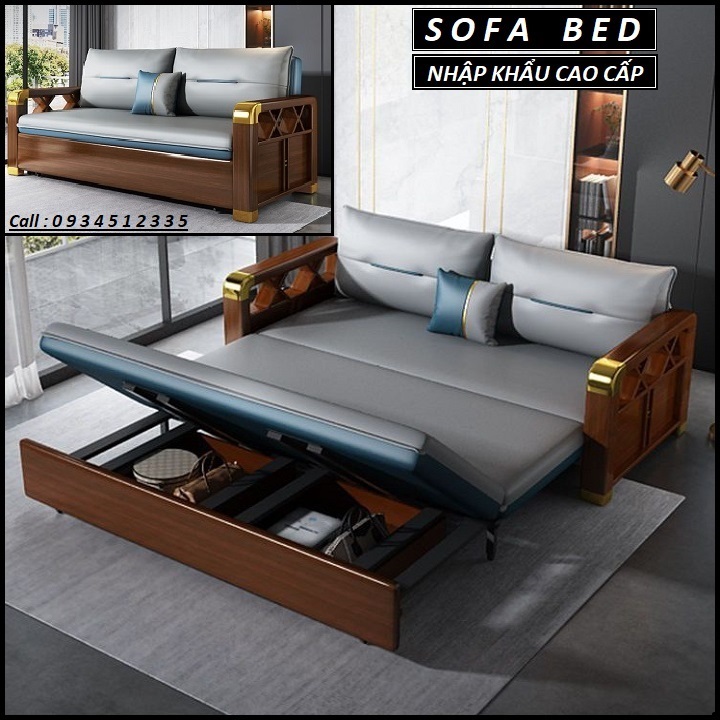 Giường sofa đa năng ốp gỗ Sồi cao cấp. Ghế sofa giường có ngăn tủ để đồ. Toàn bộ khung thép Mangan chịu lực sơn tĩnh điện, nệm cao su cao cấp