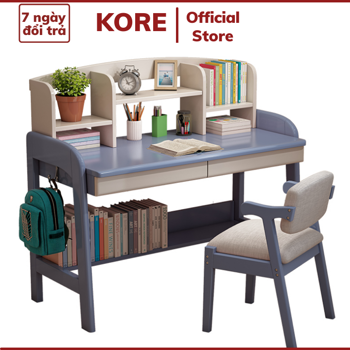 Bàn học sinh chống cận bằng gỗ có kệ sách -  Bàn ngồi học tăng giảm chiều cao chống gù cho trẻ em có giá treo 110x84cm