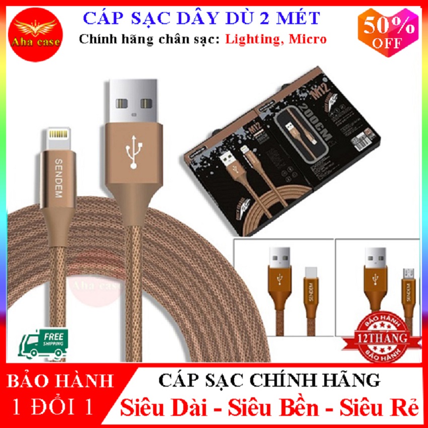 Cáp Sạc Dây Dù Dài 2 Mét Chính Hãng Sendem M12 hỗ trợ sạc nhanh SIÊU DÀI - SIÊU BỀN ✓Cáp sạc Iphone cáp sạc samsung cáp sạc oppo dây sạc xiaomi dây sạc 2m tiện lợi Bảo Hành 12 tháng 1 đổi 1
