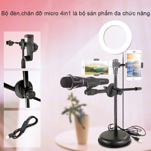 Giá đỡ livestream 4 in 1 gồm đèn led 16cm 2 kẹp điện thoại 1 micro