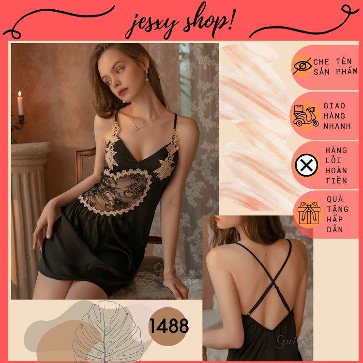 Váy ngủ cao cấp lụa ren, đầm ngủ hai dây lụa satin pha ren hoa trái tim cao cấp Quảng Châu mềm mịn, sang trọng Jesxy Shop D1488