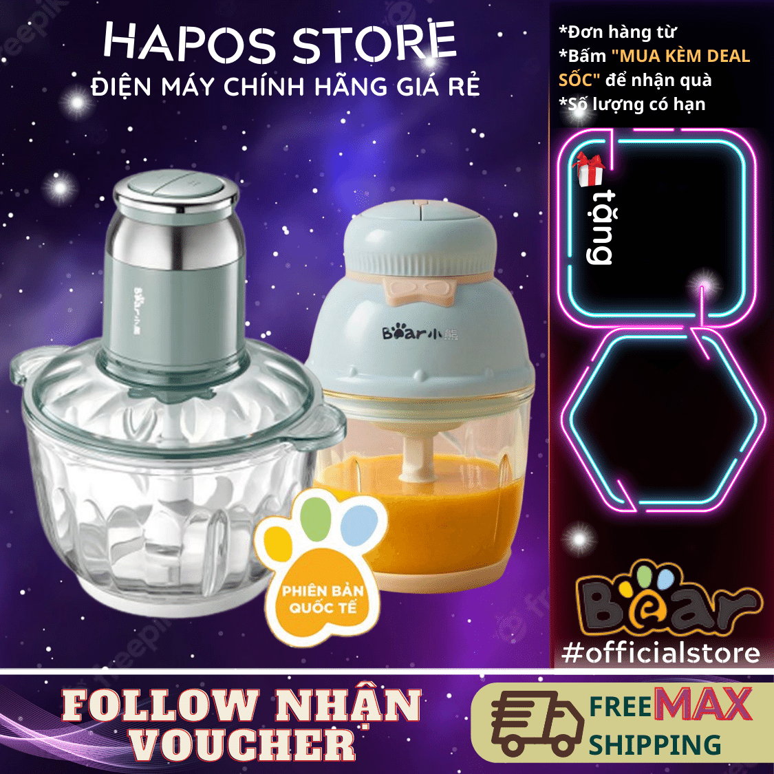 Máy xay đa năng bear, máy xay thịt, xay rau củ cho bé bản quốc tế - hapos bh 18 tháng
