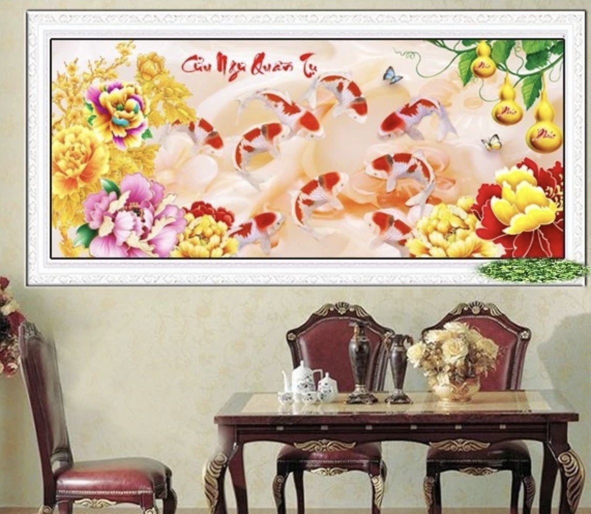 Tranh đính đá Cửu Ngư Quần Tụ - tranh chưa đính đá