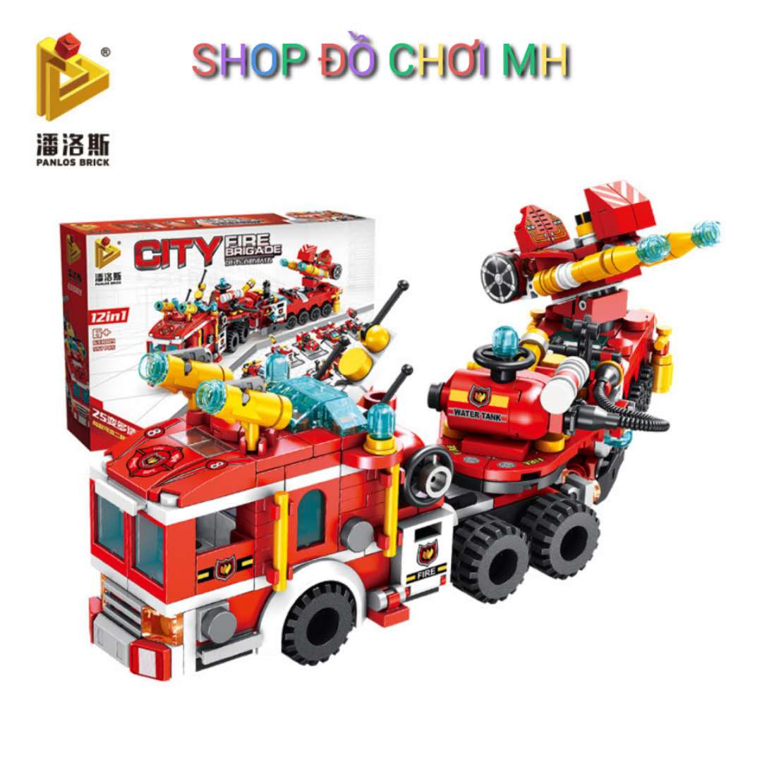 đồ chơi xếp hình lắp ráp Panlos Brick 633009 - 12 xe chiến cơ hợp thể siêu xe cứu hỏa