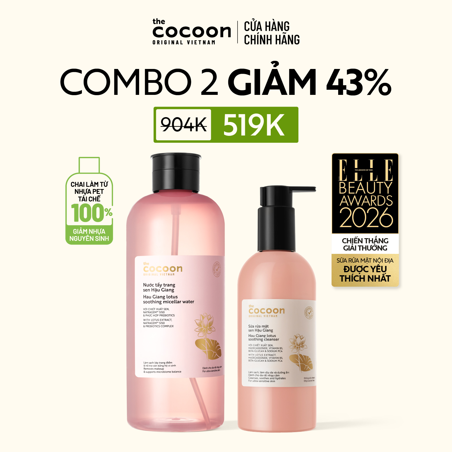 COMBO 1 Supersize Nước Tẩy Trang Sen Hậu Giang Cocoon 1000ml + Bigsize Sữa rửa mặt Sen Hậu Giang 310ml